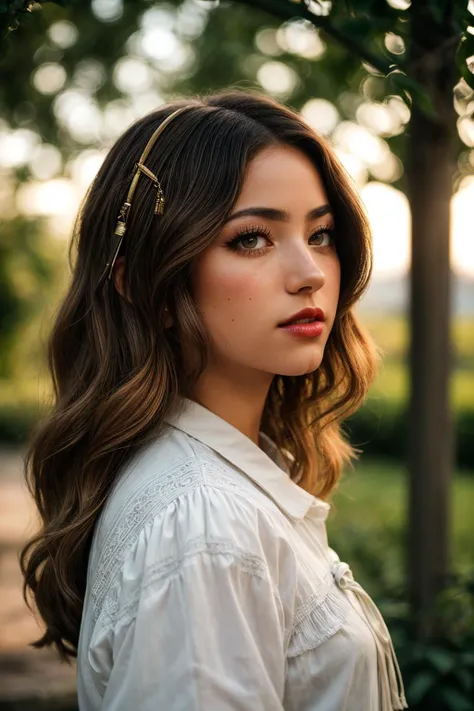 photo of (EPJ4n1c3R1v3r4:0.99), closeup portrait, perfect hair, (modern photo, Lace-trimmed peasant blouse with a tassel-tie neckline and elastic cuffs), hairclip,  24mm, (analog, cinematic, film grain:1.3), (([enchanted portal gateways, lost scroll,refrigerator,crumbling idol, natural stone tiles (excluding those mentioned before),beiderwand tapestry,tuff stone, sunlight through skylights, rope lights,fantasy| grass, tree], gradient:1.1)), ((detailed eyes)), ((eyeliner, long lashes)), (epicPhoto), long eyelashes, (perfect waist), (lipstick)