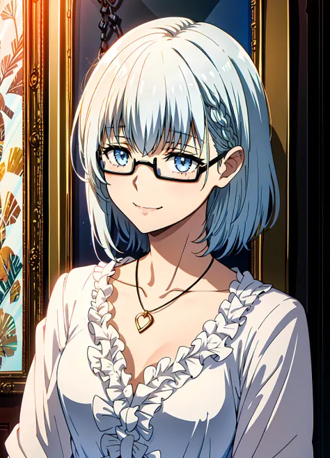 1girl, alternate_costume, bespectacled, closed_mouth, collarbone, glasses, jewelry, necklace, pendant, semi-rimless_eyewear, short_hair, silver_hair, smile, solo, under-rim_eyewear, upper_body, <lora:betaTheEminenceIn_betaV1:0.7>