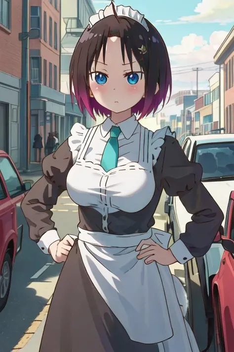 best quality, masterpiece, highres, solo, {maid:1.40}, {long maid dress:1.15}, {elma_kobayashisanchinomaidragon:1.15}, black_hair, multicolored_hair, purple_hair, gradient_hair, short_hair, blue_eyes, blush, breasts, large_breasts