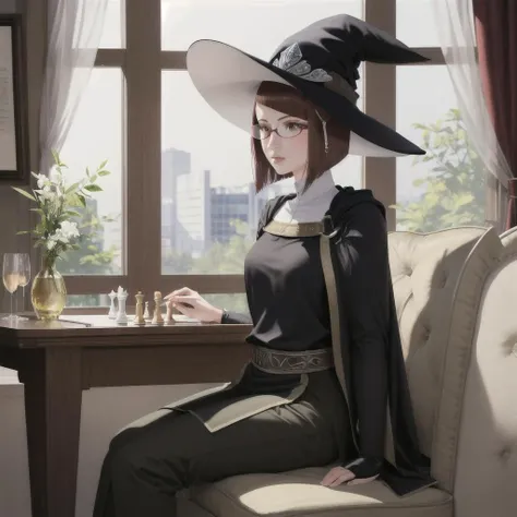 <lora:miriel-nvwls-v1-final:0.8> miriel, glasses, cape, black robe, tabard, witch's hat, brown pants
masterpiece, best quality, absurdres, sitting down, playing chess, chessboard