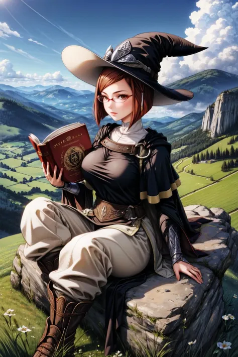 masterpiece, best quality, miriel, glasses, cape, black robe, tabard, witch's hat, brown pants, boots, large breasts, sitting, from above, holding book, looking at viewer, field, boulder, cloud, sky <lora:miriel-nvwls-v1-000012:0.9>