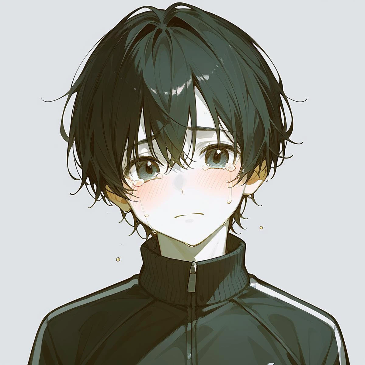 score_9,score_8_up,score_7_up,detailed face,<lora:hanman-000004:1>,1boy,black hair,bangs,track jacket,black jacket,black eyes,blush,crying with eyes open,white skin,looking at viewer,simple background,best quality,<lora:add-detail-xl:1>,