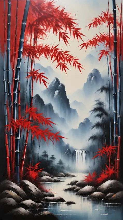 In this artwork, the red bamboo leaves gracefully dance on their branches in a serene forest setting. The panoramic print on metal captures the depth of the scene, creating a sense of immersion for the viewer. The airbrush technique adds a smooth and vibrant texture to the painting, while the action painting style showcases dynamic brushstrokes. David Diao's signature abstract brushstrokes can be seen throughout the piece, adding a layer of complexity and depth.mountain far away, BRYO-XL
