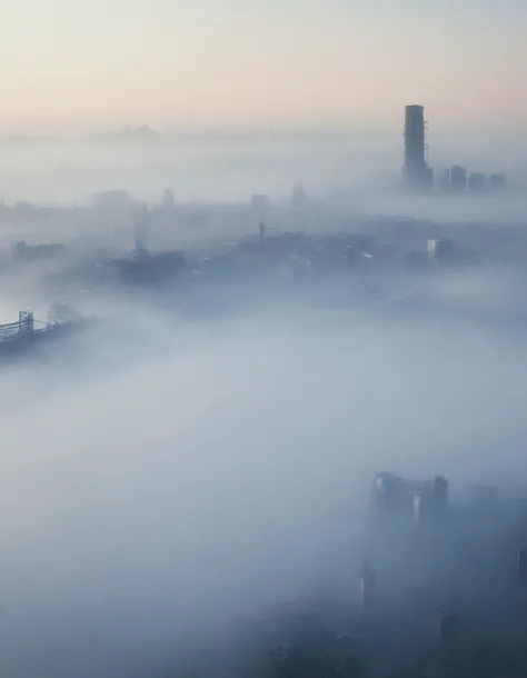 intricate details, blurred background, or haze, shadows, vibrant colors, cityscapes, fog mist haze, atmospheric effects such smoke, texture pattern work, industrial landscapes, atmosphere created through use of fog