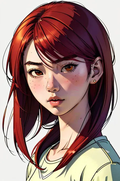 19 year old, young female Asian portrait, full torso, solid color, fine line, simple, high detail, (best quality, masterpiece, high detail:1.2), thick lines, solo, illustration woman, (pretty face:1.2), red hair, long haircut, hiphop clothes, toon shading, cel shaded style