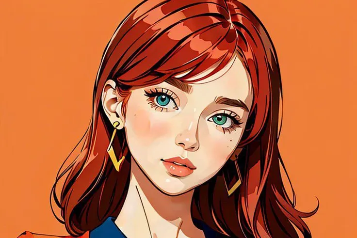 beautiful woman, full torso, solid color, fine line, simple, high detail, (best quality, masterpiece, high detail:1.2), thick lines, solo, illustration woman, (pretty face:1.2), red hair, long haircut, hiphop clothes, toon shading, cel shaded style,