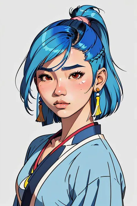 19 year old, young female Asian portrait, full torso, solid color, fine line, simple, high detail, (best quality, masterpiece, high detail:1.2), thick lines, solo, illustration woman, (pretty face:1.2), blue hair, mullet haircut, native clothes, toon shading, cel shaded style