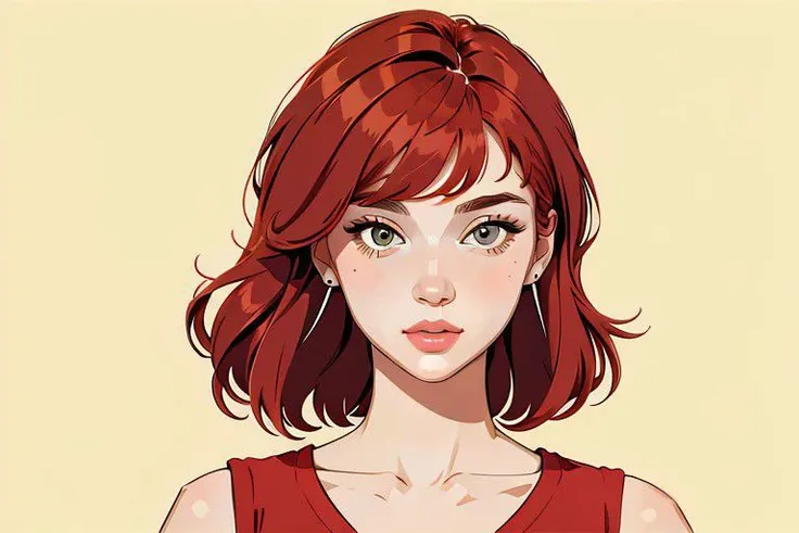 beautiful woman, full torso, solid color, fine line, simple, high detail, (best quality, masterpiece, high detail:1.2), thick lines, solo, illustration woman, (pretty face:1.2), red hair, long haircut, hiphop clothes, toon shading, cel shaded style,