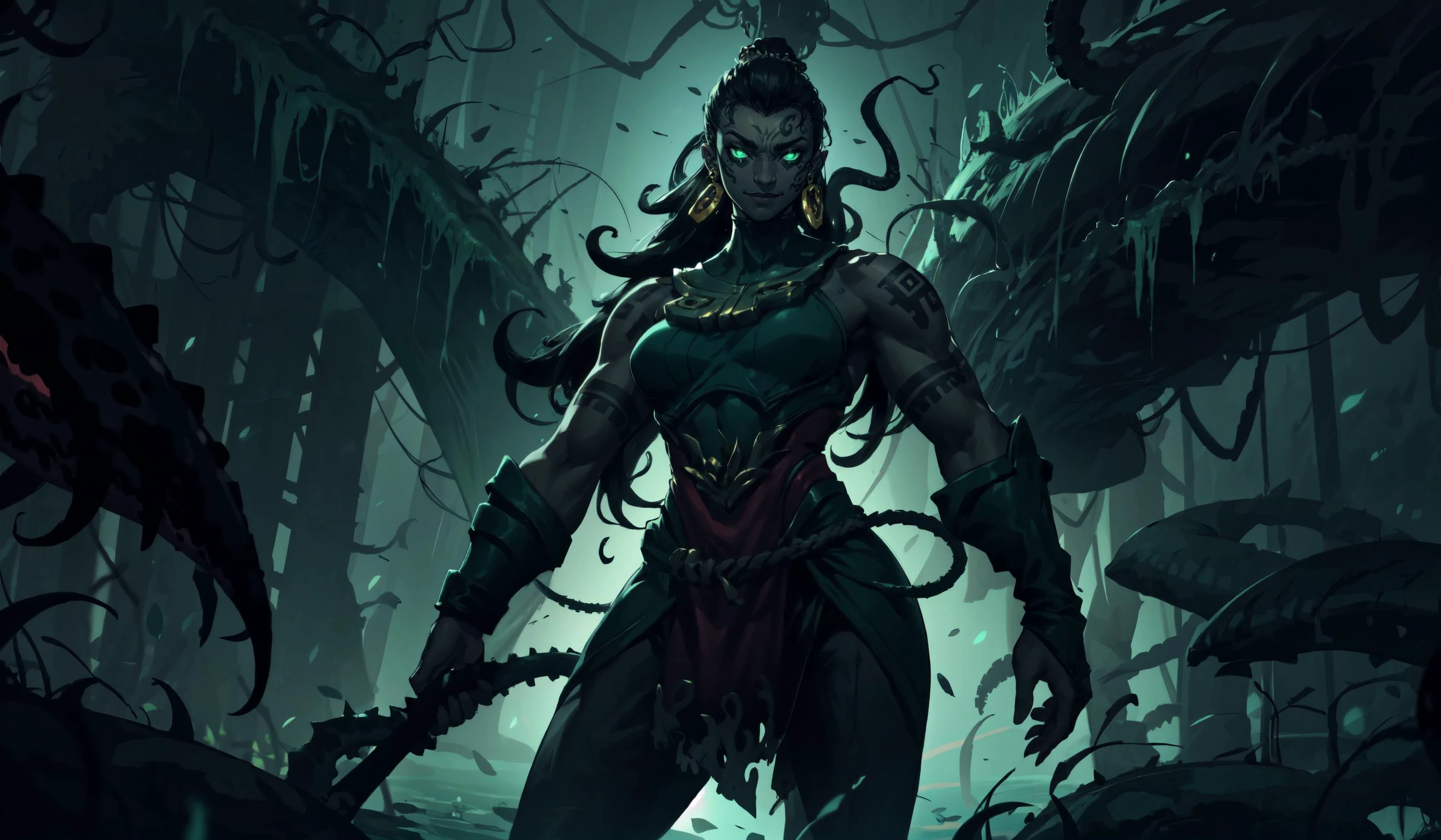 1girl,dark skin,illaoi,green tattoos,black hair,long hair,muscle body,muscular,,dark,darkness,night,swamp,(glowing eyes),glowing tattoos,(transparent tentacles:1.3),smile,dominant,superior,standing,looking at viewer,cowboy shot,masterpiece,extremely detailed CG unity 8k wallpaper, best quality,32k,focus sharp, <lora:illaoi:0.8>, <lora:DaviGDG60:0.7>