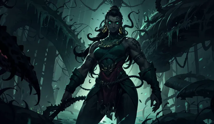 1girl,dark skin,illaoi,green tattoos,black hair,long hair,muscle body,muscular,,dark,darkness,night,swamp,(glowing eyes),glowing tattoos,(transparent tentacles:1.3),smile,dominant,superior,standing,looking at viewer,cowboy shot,masterpiece,extremely detailed CG unity 8k wallpaper, best quality,32k,focus sharp, <lora:illaoi:0.8>,  <lora:DaviGDG60:0.7>