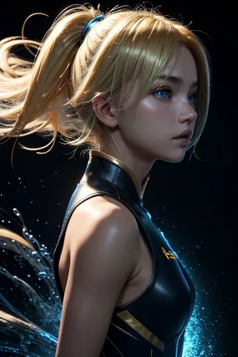 (masterpiece), 
1girl, 
blonde, floating hair, 
blue energy unleashed,
upper body shot,
 dark,
 HDR, highly detailed, 32k, 
black background,
looking at viewer,
godly golden light,
 perfect face feature,