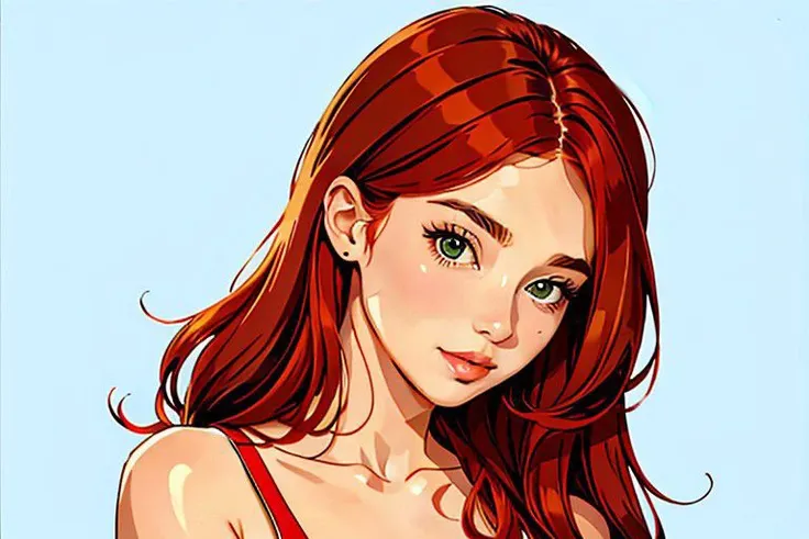 beautiful woman, full torso, solid color, fine line, simple, high detail, (best quality, masterpiece, high detail:1.2), thick lines, solo, illustration woman, (pretty face:1.2), red hair, long haircut, hiphop clothes, toon shading, cel shaded style,