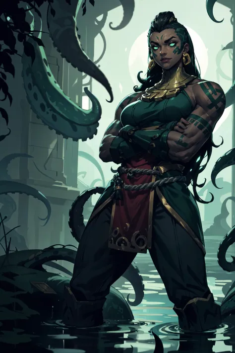 1girl,giant,dark skin,illaoi,green tattoos,black hair,long hair,muscle body,muscular,,dark,darkness,night,swamp,(glowing eyes),glowing tattoos,(transparent tentacles:1.3),smile,dominant,superior,standing,looking at viewer,cowboy shot,crossed arms,from below,masterpiece,extremely detailed CG unity 8k wallpaper, best quality,32k,focus sharp, <lora:illaoi:0.8>,  <lora:DaviGDG60:0.6>