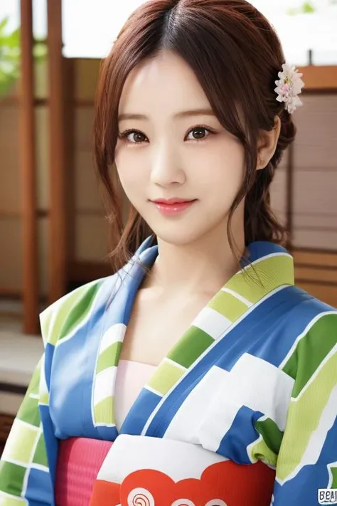 ((best quality)),absurdres,(ultra high res),(photorealistic:1.6), octane render,(hyperrealistic:1.2), (photorealistic face:1.2), ((a women wearing a kimono)), 1girl, hoshino minami, long hair, ponytail, warm smile, (realistic:1.7), (8k), (4k), (Masterpiece),(realistic skin texture), (illustration, cinematic lighting,wallpaper),( beautiful eyes:1.2),((((perfect face)))),(cute),(standing),(black hair), ((black eyes)), <lora:minami-chan:0.88>
