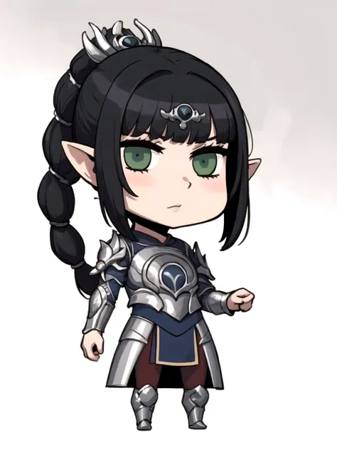 ultra detailed, anime girl, full-body portrait, leather armor, half-elf, raven black fauxhawk hairstyle with shaved sides, heavily freckled face, nose ring, dark red eyeshadow, single slashing scar across left cheek, opal colored eyes, coy smile, faded black and white neck tattoo of a beholder from dungeons & dragons
