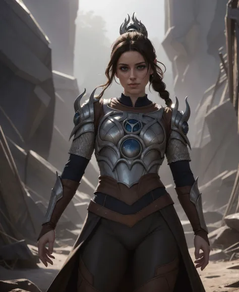 masterpiece painting, comic book cover, dsshadowheart, pointy ears, commanding facial features, (sharp facial features:1.4), (wearing breastplate with pauldrons), long black hair, braided ponytail, bangs, thigh up, simple plain background, fantasy dungeons & dragons background, (soft light, dramatic light, HDR, painterly concept art), epiCPhoto <lora:DETAIL_SLIDER_BY_STABLE_YOGI:0.5> <lora:Elixir:1> <lora:TradingCards-V1:0.7> <lora:dsshadowheart:0.9>