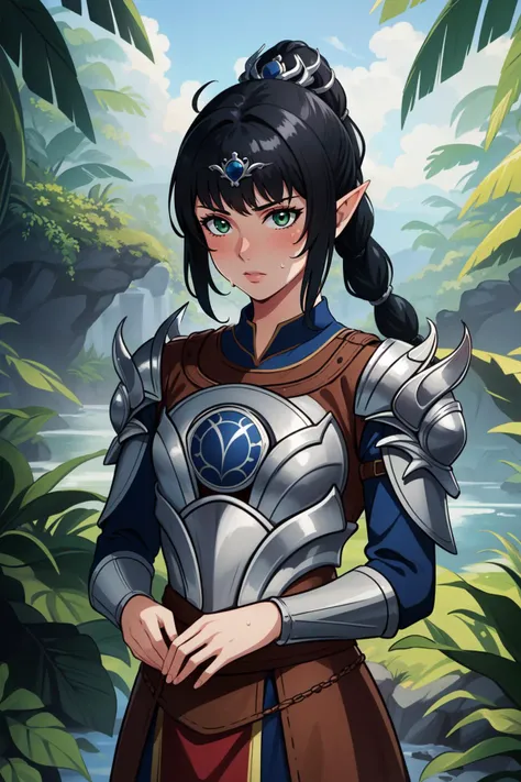 (masterpiece, best quality),  intricate details,
1girl,   <lora:dsshadowheart:0.8> dsshadowheart, black hair, long hair, ponytail, bangs, braid, hair ornament, pointy ears, green eyes, circlet, armor, breastplate, pauldrons, 
sweating, outdoors, jungle, hot,