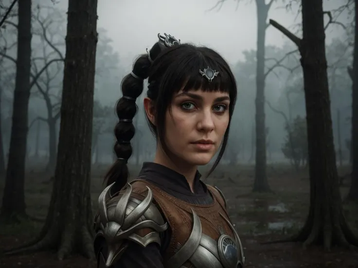 masterpiece, best quality, highres BREAK
dsshadowheart, black hair, long hair, ponytail, bangs, braid, hair ornament, pointy ears, green eyes, circlet, armor, breastplate, pauldrons, 1girl, solo BREAK
dirty, swamp, twisted trees, dark, eerie atmosphere, detailed background
<lora:dsshadowheart_lc:1>