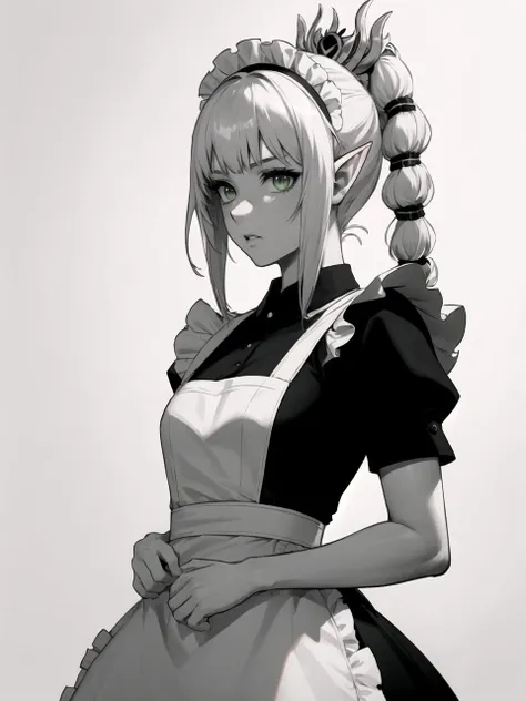 masterpiece, best quality, highres, pencil sketch, (monochrome:0.7) BREAK
dsshadowheart, white hair, long hair, ponytail, bangs, braid, hair ornament, pointy ears, green eyes, maid, maid apron, maid headdress, 1girl, solo BREAK
embarrassed, standing, simple background, white background
<lora:dsshadowheart:1>