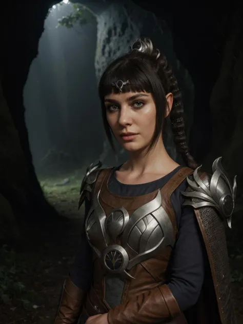 masterpiece, best quality, highres BREAK
dsshadowheart, black hair, long hair, ponytail, bangs, braid, hair ornament, pointy ears, green eyes, circlet, armor, breastplate, pauldrons, 1girl, solo BREAK
sitting, dark cavern, moss, eerie atmosphere, detailed background
<lora:dsshadowheart_lc:1>