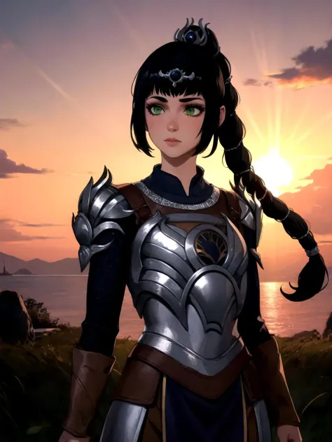 masterpiece, best quality, highres BREAK
dsshadowheart, black hair, long hair, ponytail, bangs, braid, hair ornament, green eyes, circlet, armor, breastplate, pauldrons, 1girl, solo BREAK
standing, battlefield, sunset, lens flare, detailed background
<lora:dsshadowheart_lc:1>