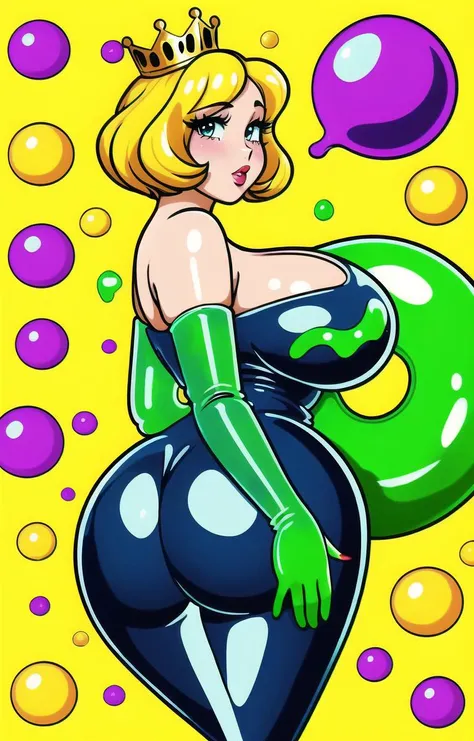 1woman, made of goo, (slime:1.3), long legs, big boobs, slime queen, gold crown, castle background, neon colors, saturated colors, detailed face, perfect face, cute nose, vintage anime, retro anime, sunday comics, basic illustration, line art, pop art, 80's style, comic book, comic panel, manga, curvy body, thick thighs, hour-glass shape, highly detailed, professional illustration, masterful artwork, perfect feet, primary colors, anatomically correct, perfectly drawn, small goo orbs floating in background, otzk