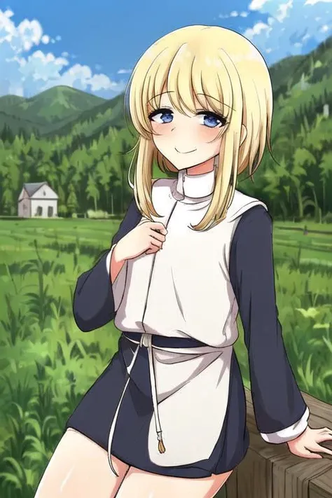 masterpiece, best quality, detailed face, detailed eyes, <lora:HUKay:0.7>, hukay, blonde hair, sidelocks, robe, miniskirt, outdoors, church, field, forest, 1boy, nun, flat chest,
