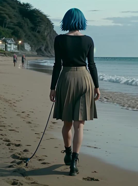 a person walking on a beach, gothic, wearing cable knit sweater, pleated skirt, and loafers, anime screencap, witchpunk, night