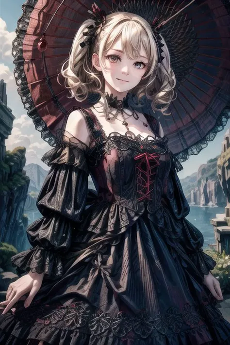 (masterpiece:1.2), digital art realistic, Best quality, highres, blonde hair, black dress, White eyes, smiling, Japanese umbrella, Ruffles, wavy bows, Buttons props, big boobs, Expository cleavage, black bra, Dynamic light, Hyperealistic lighting,(sky Sunny, flower surroundings on Back, Stone wall) Scenary,