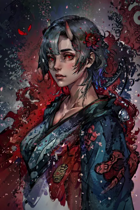 (masterpiece:1.2, best quality), (finely detailed beautiful eyes: 1.2), ((1girl)), ((solo)), (red eyes:1.4), (finely detailed eyes and detailed face:1.3), (beautiful and clear background:1.2), (extremely detailed CG, ultra-detailed, best shadow:1.1), ((depth of field)), ((watercolor)), (oni:1.5), (kimono:1.3), large breasts, bare shoulders, flowers and petals, beautiful concept illustration, (white background:0.5), (illustration:1.1), (extremely fine and beautiful:1.1), (perfect details:1.1), from side, cowboy shot,