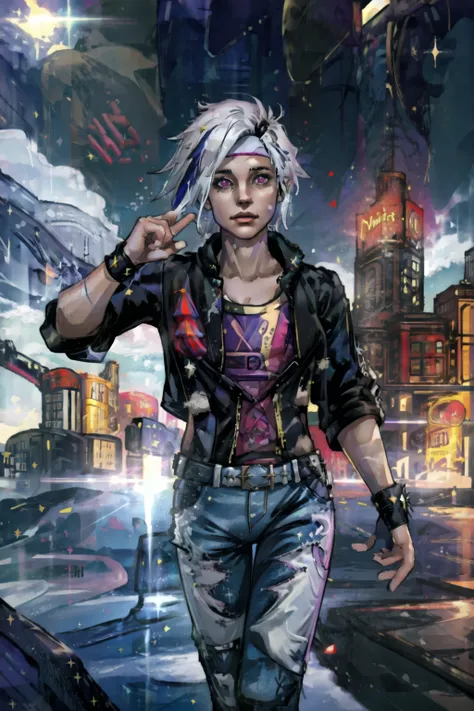 (masterpiece, best illustration, extreme light and shadow), (1boy:.6), solo, (non binary:.8), (girl focus:.7), (mature:.9), transgender female, white hair, two tone hair, jacket, blue jacket, pink gloves, pink eyes, white hair, headband, white denim jeans, multicolored hair, blue headband, multicolored clothes, hair behind ear, long hair, green bodysuit, looking at viewer, open jacket, yellow jacket, arm up, multicolored bodysuit, goth eye liner, wristband, emo punk style, (punk:1.5), jewelry,(dynamic angle), (two fingers showing a peace sign, hand up), depth of field, tattoos, (downtown minneapolis:2),, (best sunlight:.8), (lens flare:.9), (fantasy scene:1.3), (superhero:.4), (rogue of the x-men:1.2), wind swept hair, (conservative clothing:.3), (sidelighting), (volumetric lighting),