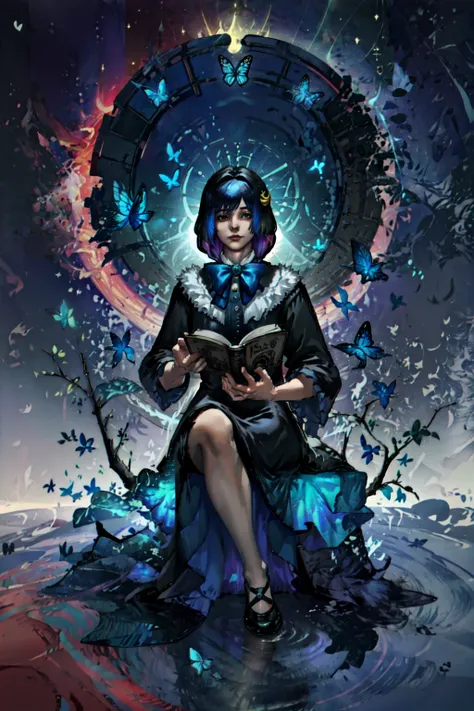 masterpiece,best quality,Detailed face description,perfect lighting,highres,full body sitting at edge of clear water,teapot,teacup,reading book,fruit tree,(too many animal,too many butterflies:1.106),a beautiful castle in a distance,magic circle, 1girl,black hair,(gradient hair:1.2),blue hair bow,fur-trimmed dress,crescent hat ornament,hat ornament,hair bow,bowtie,red hair bow,hat ribbon,sun visor,