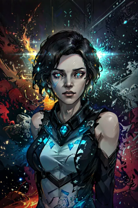 (masterpiece, best quality), (ultra-detailed), synthwave portrait of a woman as a beautiful goddess, light rays, light bands, lightgeo, beautiful intricate filegrid facepaint, intricate, elegant, highly detailed, digital painting, concept art, (emo punk synthwave), demonic eyes, upper body, cinematic lighting, (((glowing light particles))), (arms behind back), dynamic angle,