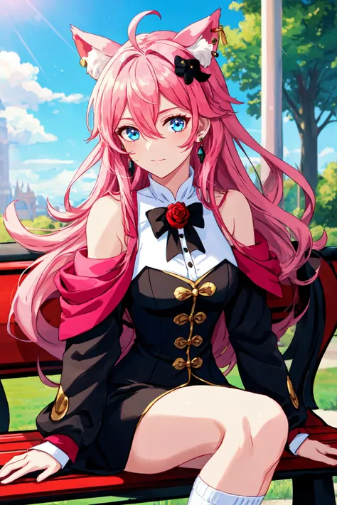 Utena_Tenjou, sitting on a park bench, close up EasyVictorianFoxGirl