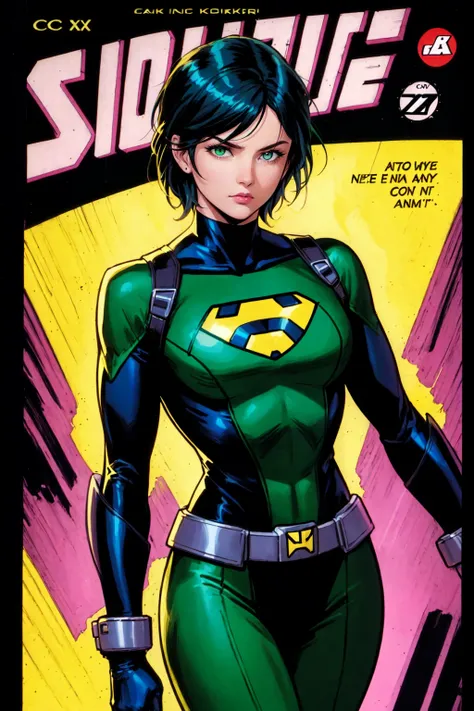 an image of a woman wearing female superhero costume and gear, in the style of dark green and yellow, noir comic art, panel composition mastery, distinctive noses, oshare kei, i can't believe how beautiful this is, comic art