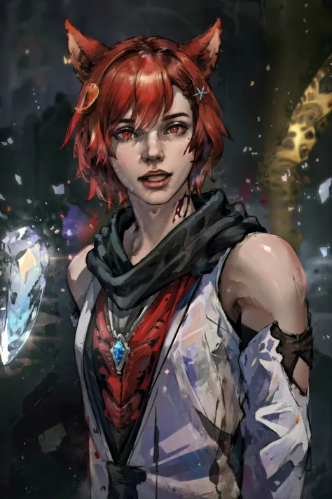 (masterpiece, best quality, ultra-detailed, highres, best illustration),perfect face, ((solo, solo focus)),sidelighting, lustrous skin,(bloom), (shine), ray tracing,solo, 1boy, male focus, red eyes, animal ears, red hair, miqo'te, cat ears, neck tattoo, tattoo, hair ornament, short hair, scarf, facial mark, x hair ornament, crystal, blurry background, open mouth, jewelry, slit pupils, bangs, swept bangs, blurry, upper body, looking at viewer, smile,depth_of_field,very detailed background,extreme light and shadow,(detailed eyes), (beautiful) beautiful detailed eyes, perfect lighting , perfect anatomy,(extremely detailed illustrated 8k wallpaper),(masterpiece), (best quality), (ultra-detailed), (best illustration),(best shadow),perfect lighting , full body, perfect anatomy , vivid colors,