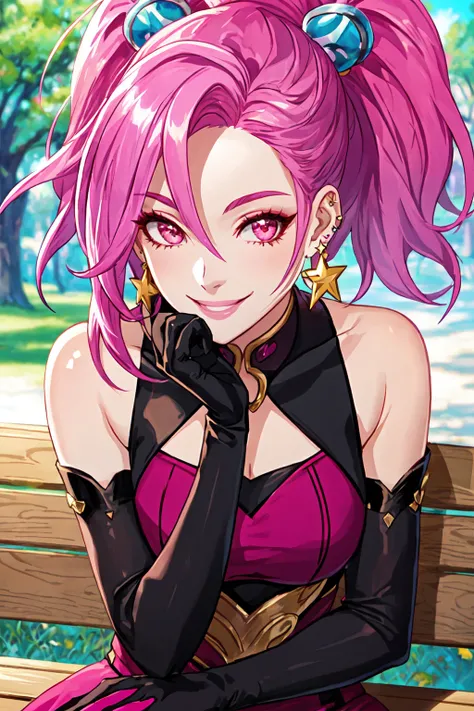 sitting on a park bench, close up, pink hair, gradient, Jinx, league of legeends, StaRGuard