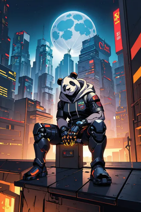 (masterpiece:1.1), (best quality:1.1), highres, highly detailed, (a cyborg anthropomorphic giant panda male furry is siting solo on bench with hand in pocket, He has fluffy animal head, mechanical arms and hands, mechanical legs and boots, He wears a short sleeves red hoodie with both proud and serious on his face, He is looking afar from rooftop, and city below, His eyes are black and shine:1.1), BREAK, realistic, illustration, painting, comic, cyberpunk, science fiction, night, backlighting, glowing eyes, moonlight, starry sky, high angle, from above, medium shot, from side