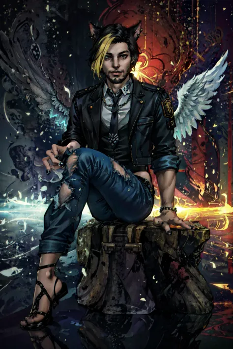 1boy, male focus, (facial hair, stubble, beard),(masterpiece, best quality, ultra-detailed, highres), perfect face, sidelighting, lustrous skin,(bloom), (shine), lighting, ray tracing, sci-fi, piercing, mohawk, eyebrow piercing, nose piercing, black hair, black nails, lip piercing, city, realistic, ear piercing, multicolored hair, red hair, black tshirt, necktie, denim jacket, emo punk jewlery, nail polish, night, black eyes, cat ears, animal ears, angel wings, light particles, light leak, lens flare, island fantasy landscape, sitting on a tree trunk, summer:1.2, depth_of_field,very detailed background, highly detailed background, Masterpiece, Ultra detailed, great composition, rule of thirds, golden ratio, ,Dynamic angle, (wide shot) ,(Highest picture quality), (Master's work), depth of field, solo, extreme light and shadow, masterpiece, (highest quality), (masterpiece), (detailed eyes), full body, fantasy:1,(extremely detailed 8k wallpaper),(masterpiece), (best quality), (ultra-detailed), (best illustration),(best shadow),perfect lighting ,vivid colors,
