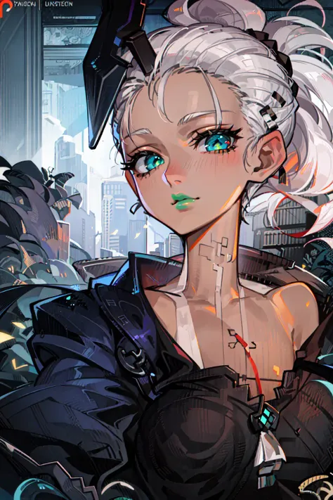 kairowez, 1girl, solo, portrait, extremely detailed illustration, mid length hair, roses, tan skin, rainbow hair, collarbone, goth dress, punk makeup, black eyeliner, gradient green lipstick, detailed eyes, octane render, dynamic angle, looking at viewer, futuristic, citypunk:.5, cyberpunk:1.5, duskypie