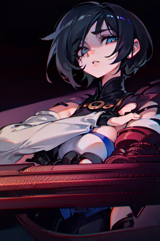 (masterpiece, best quality, ultra-detailed, highres), perfect face, side lighting, lustrous skin,(bloom), (shine), lighting, ray tracing, sci-fi, 1girl, solo, black hair, black lips, multicolored hair, gloves, electrical cables hanging from her arms, sitting on a crystal crescent chair, crossed legs, short hair, black footwear, bodysuit, boots, black gloves, blue hair, looking at viewer, goth makeup, black pants, holding a black ferrous cystal, depth_of_field, very detailed background, highly detailed background, Masterpiece, Ultra detailed, rule of thirds, golden ratio, great composition,Dynamic angle,(wide shot), extremely delicate and beautiful,(Highest picture quality), (Master's work), depth of field, solo, extreme light and shadow, masterpiece, rich in detail, (fine features), (highest quality), (masterpiece), (detailed eyes), (beautiful) detailed ,beautiful detailed eyes,upper body, cyberpunk:1, (extremely detailed CG unity 8k wallpaper),(masterpiece), (best quality), (ultra-detailed), (best illustration),(best shadow),perfect lighting , perfect anatomy , vivid colors,