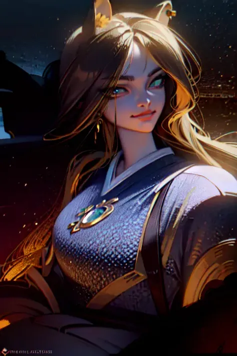 (masterpiece, best quality, ultra-detailed, highres),perfect face, sidelighting, lustrous skin,(bloom), (shine), ray tracing, sci-fi, 1girl, wearing a band tshirt, denim jeans, (cat ears, animal ears), (holographic green eyes),earrings, long_hair,(mature),depth_of_field,very detailed background, rule of thirds, golden ratio, great composition,Dynamic angle,(fantasy),extreme light and shadow,(detailed eyes), (beautiful) detailed girl,beautiful detailed eyes, (seductive smirk), island scene background, perfect lighting , perfect anatomy, upper body ,close up , pov