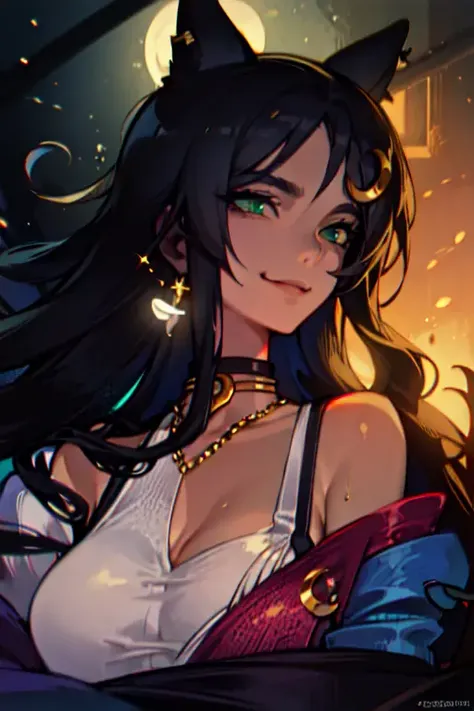 (masterpiece, best quality, ultra-detailed, highres),perfect face, sidelighting, lustrous skin,(bloom), (shine), ray tracing, sci-fi, 1girl, crescent_moon, wearing a band tshirt, denim jeans, (cat ears, animal ears), (holographic green eyes), (tan skin), earrings, full_moon, gloves, hair_cones, hair_ornament, hairpin, heart_choker, jewelry,long_hair,moon,(mature), (medium breasts), star_\(sky\), depth_of_field,very detailed background, rule of thirds, golden ratio, great composition,Dynamic angle,(fantasy),extreme light and shadow,(detailed eyes), (beautiful) detailed girl,beautiful detailed eyes, (seductive smirk), island scene background, perfect lighting , perfect anatomy ,whirlwind of water , upper body ,close up , pov