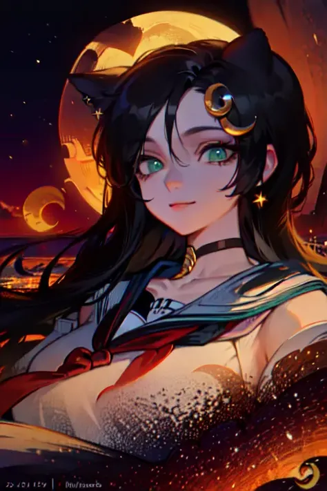 (masterpiece, best quality, ultra-detailed, highres),perfect face, sidelighting, lustrous skin,(bloom), (shine), ray tracing, sci-fi, 1girl, crescent, crescent_moon, (cat ears, animal ears), (holographic green eyes) earrings, full_moon, gloves, hair_cones, hair_ornament, hairpin, wearing a band tshirt, denim jeans, heart_choker, jewelry,long_hair,moon, multicolored_clothes, multicolored_skirt, neck,sailor_collar, skirt, (mature), (medium breasts), star_\(sky\), depth_of_field,very detailed background, rule of thirds, golden ratio, great composition,Dynamic angle, (Highest picture quality), (Master's work),(fantasy),extreme light and shadow,(detailed eyes), (beautiful) detailed girl,beautiful detailed eyes,happy, smile, vaporwave , sunshine , sun , perfect lighting , perfect anatomy , shy , date , sitting ,whirlwind of water , upper body ,close up , pov