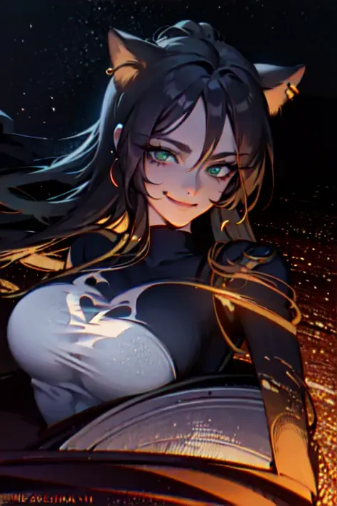 (masterpiece, best quality, ultra-detailed, highres),perfect face, sidelighting, lustrous skin,(bloom), (shine), ray tracing, sci-fi, 1girl, wearing a band tshirt, denim jeans, (cat ears, animal ears), (holographic green eyes),earrings, long_hair,(mature),depth_of_field,very detailed background, rule of thirds, golden ratio, great composition,Dynamic angle,(fantasy),extreme light and shadow,(detailed eyes), (beautiful) detailed girl,beautiful detailed eyes, (seductive smirk), island scene background, perfect lighting , perfect anatomy, upper body ,close up , pov