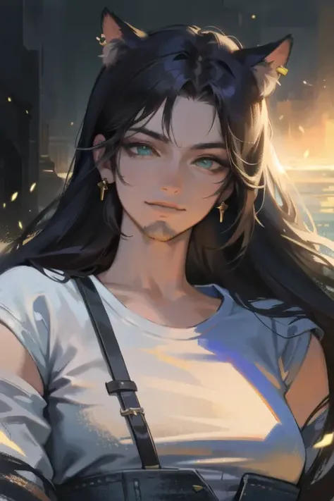 (masterpiece, best quality, ultra-detailed, highres), ((realistic)), 1boy, male focus, stubble, facial hair beard, perfect face, sidelighting, lustrous skin,(bloom), (shine), ray tracing, sci-fi,wearing a band tshirt, denim jeans, (cat ears, animal ears), (holographic green eyes),earrings, long_hair,(mature),depth_of_field,very detailed background, rule of thirds, golden ratio, great composition,Dynamic angle,(fantasy),extreme light and shadow,(detailed eyes),beautiful detailed eyes, (seductive smirk), island scene background, perfect lighting , perfect anatomy, upper body ,close up , pov