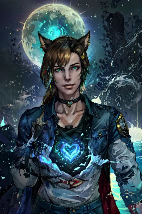 (masterpiece, best quality, ultra-detailed, highres),perfect face, sidelighting, lustrous skin,(bloom), (shine), ray tracing, sci-fi, ((catboy)),1boy, male focus, ((masculine, transgender, male focus)), crescent_moon, (cat ears, animal ears), (holographic green eyes), (tan skin), earrings, full_moon, gloves, hair_cones, hair_ornament, hairpin, wearing a red tshirt, long sleeves, denim jeans, heart_choker, jewelry,long_hair,moon,(mature),star_\(sky\), depth_of_field,very detailed background, rule of thirds, golden ratio, great composition,Dynamic angle,((fantasy)),extreme light and shadow,(detailed eyes), (beautiful) detailed girl,beautiful detailed eyes, (seductive smirk), island scene background, perfect lighting , perfect anatomy ,whirlwind of water , upper body ,close up , pov