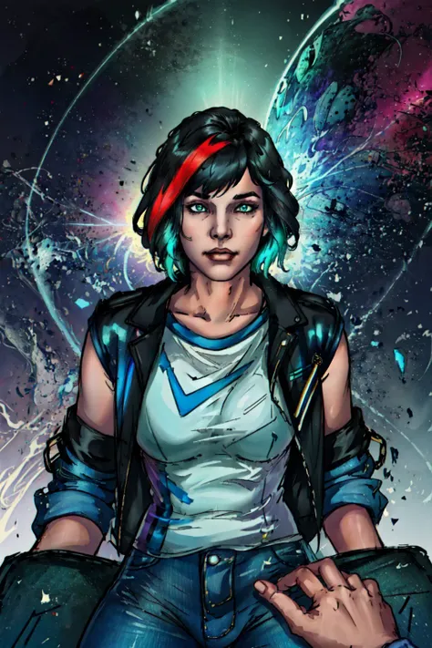 (masterpiece, best quality, ultra-detailed, highres), ((best illustration)), perfect face, sidelighting, ray tracing, sci-fi, 1girl, rainbow hair, solo, multicolored hair, two tone hair, green leather jacket, wearing a tshirt, denim jeans, summer jacket, medium breasts, voluptuous ,depth_of_field,very detailed background, neon futuristic, great composition,Dynamic angle,(fantasy),extreme light and shadow,(detailed eyes),beautiful detailed eyes, neon lighting, perfect lighting , perfect anatomy, pov
