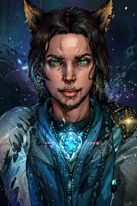 (masterpiece, best quality, ultra-detailed, highres), ((realistic)), 1boy, male focus, stubble, (manly, masculine, bara), facial hair beard, perfect face, sidelighting, lustrous skin,(bloom), (shine), ray tracing, sci-fi,wearing a band tshirt, denim jeans, (cat ears, animal ears), (holographic green eyes),earrings, long_hair,(mature),depth_of_field,very detailed background, rule of thirds, golden ratio, great composition,Dynamic angle,(fantasy),extreme light and shadow,(detailed eyes),beautiful detailed eyes, (seductive smirk), island scene background, perfect lighting , perfect anatomy, upper body ,close up , pov
