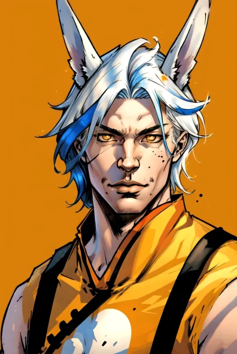 masterpiece, best quality, 1boy, male focus, animal ears, solo, blue hair, multicolored hair, rabbit ears, two-tone hair, mole, white hair, chinese clothes, upper body, simple background, brown eyes, orange eyes, mole under mouth, hand on own chin, looking at viewer<lora:Comics-10:0.8>